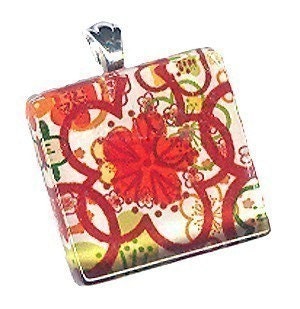 SALE- glass tile and Japanese chiyogami pendant necklace......closeout new items new low pricing