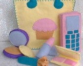 Cupcake Tote Bag Purse with Makeup Accessories Felt PDF Pattern (lipstick, blush, brush, compact, cell phone)