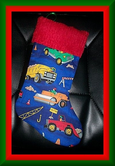 Construction Vehicles and Dump Trucks and Chenille Handmade Christmas Stocking with FREE US and Canada SHIPPING