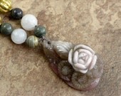 Pink Opal Rose with Gold Vermeil, Silver Leaf Jasper, and Quartz