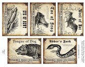 Macbeth Witch Potion Wine Labels digital collage sheet set for dinner party entertaining