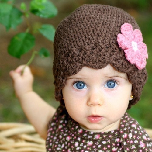 6 to 12 Months Daisy Flapper Beanie - chocolate, pastel pink, rose pink