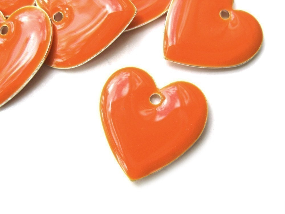 cute orange enameled heart charm, 6 pcs