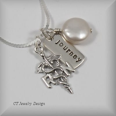 Hand Stamped Personalized RN Nurse with Journey Charm Pendant Necklace and Freshwater Pearl