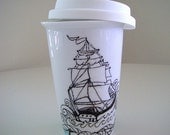 Ceramic Travel Mug Eco Friendly Ship Tattoo Nautical Sailor black white Painted by sewZinski on Etsy