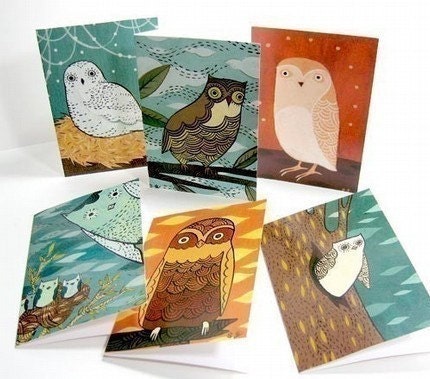 OWL NOTE CARDS, set of 6 notecards, by boygirlparty, original bird owl illustrations - blank card set, greeting card, colorful stationery