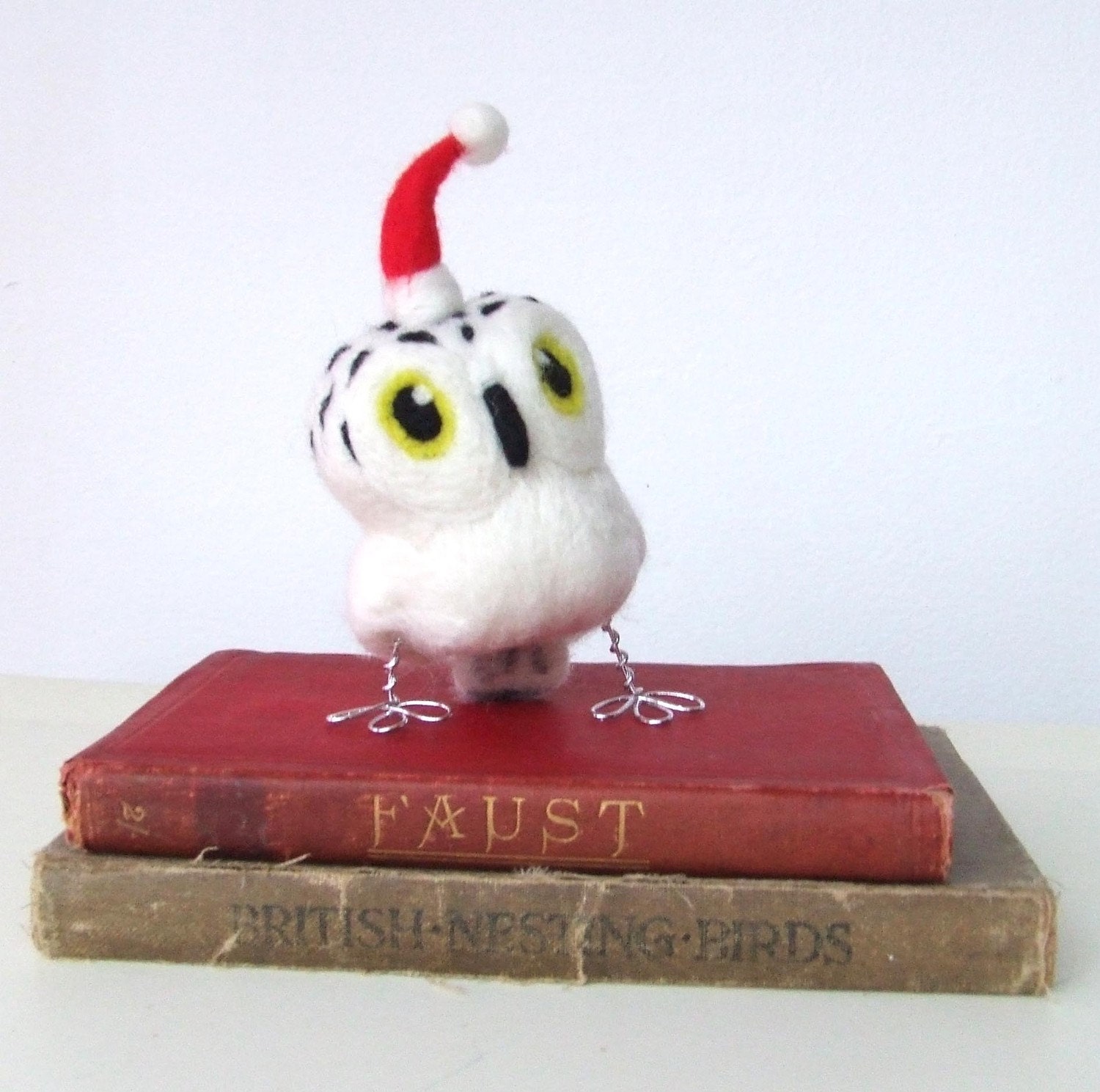 Christmas Decoration Needlefelted Snowy Owl With Red Santa Hat