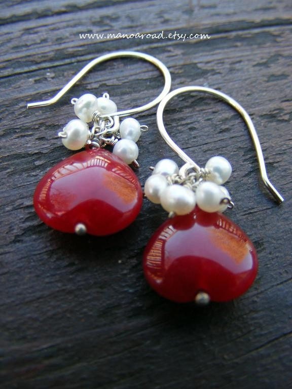 Ruby Red Earrings - Red Jade, White Freshwater Pearls, Sterling Silver