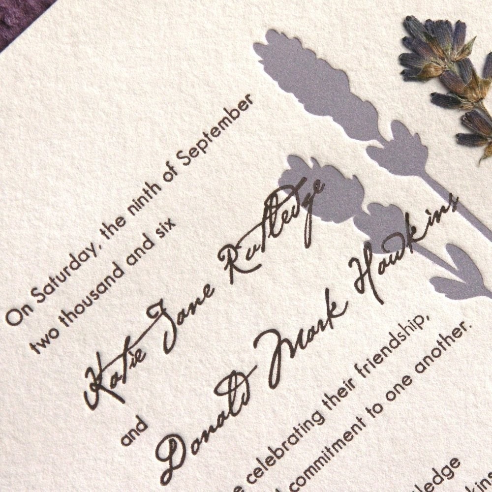 English Lavender pressed flower - Letterpress Wedding Invitation - lavender/cocoa on pearl
