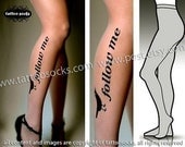 Large/Extra Large sexy, funny and flirty FOLLOW ME twitter tattoo tights / stockings/ full length / pantyhose / nylons Deep Mocha