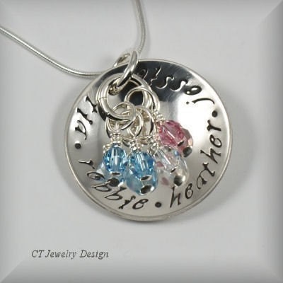 Hand Stamped Personalized Sterling Silver Jewelry Necklace Children Names Pendant and Birthstone Accents
