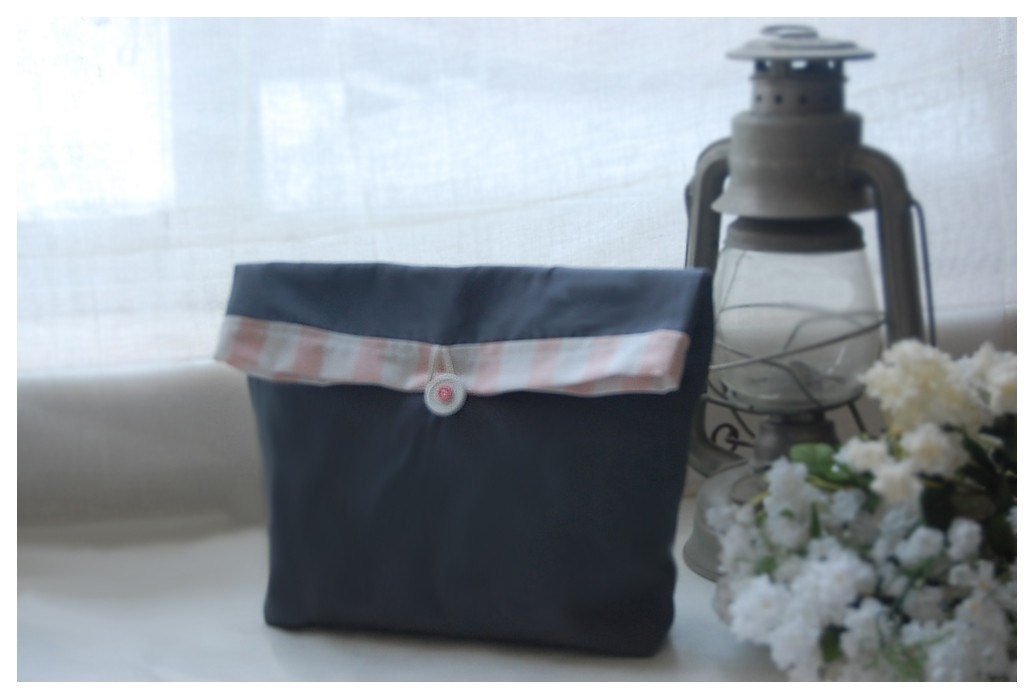 Grey Pink Clutch Martha Stewart Pink stripe bag purse Handmade  Pouch Flat Bottom Kindle Make Up Travel Gadget Bag tagt team teamspirit