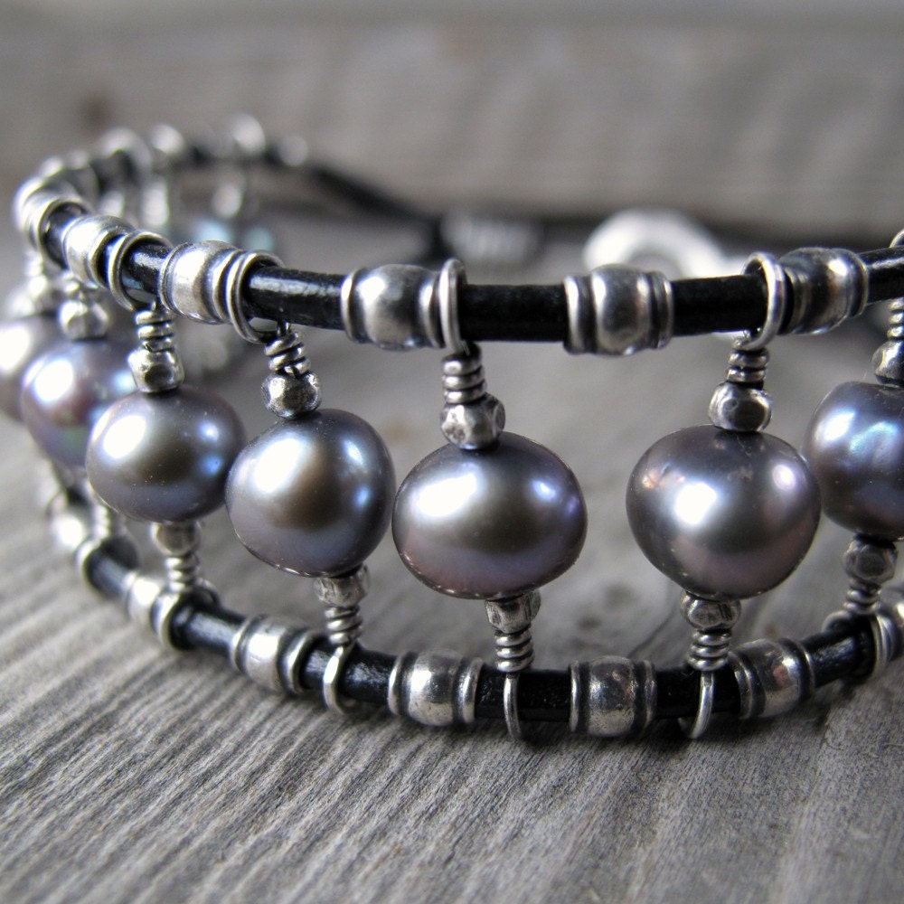 Soft Taupe Pearls and Silver Cuff Bracelet