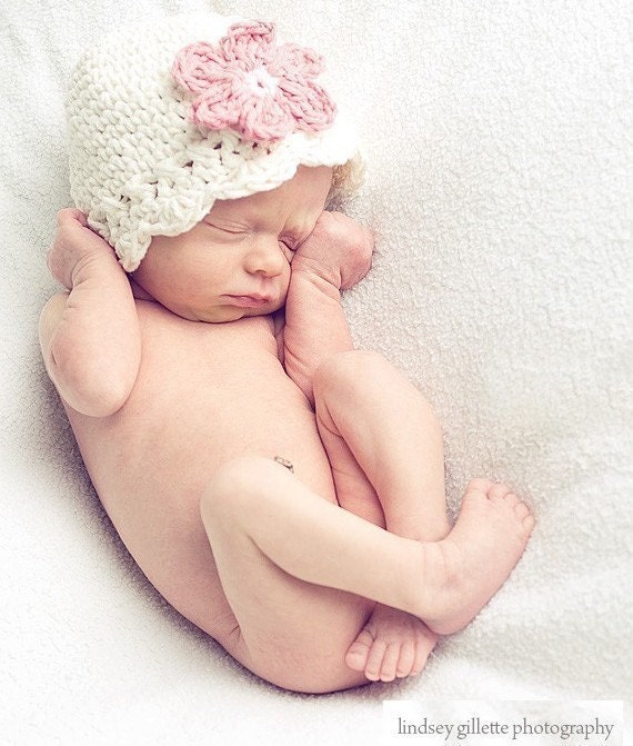 3 to 6 Month Daisy Flapper Beanie - vanilla, pastel pink, rose pink