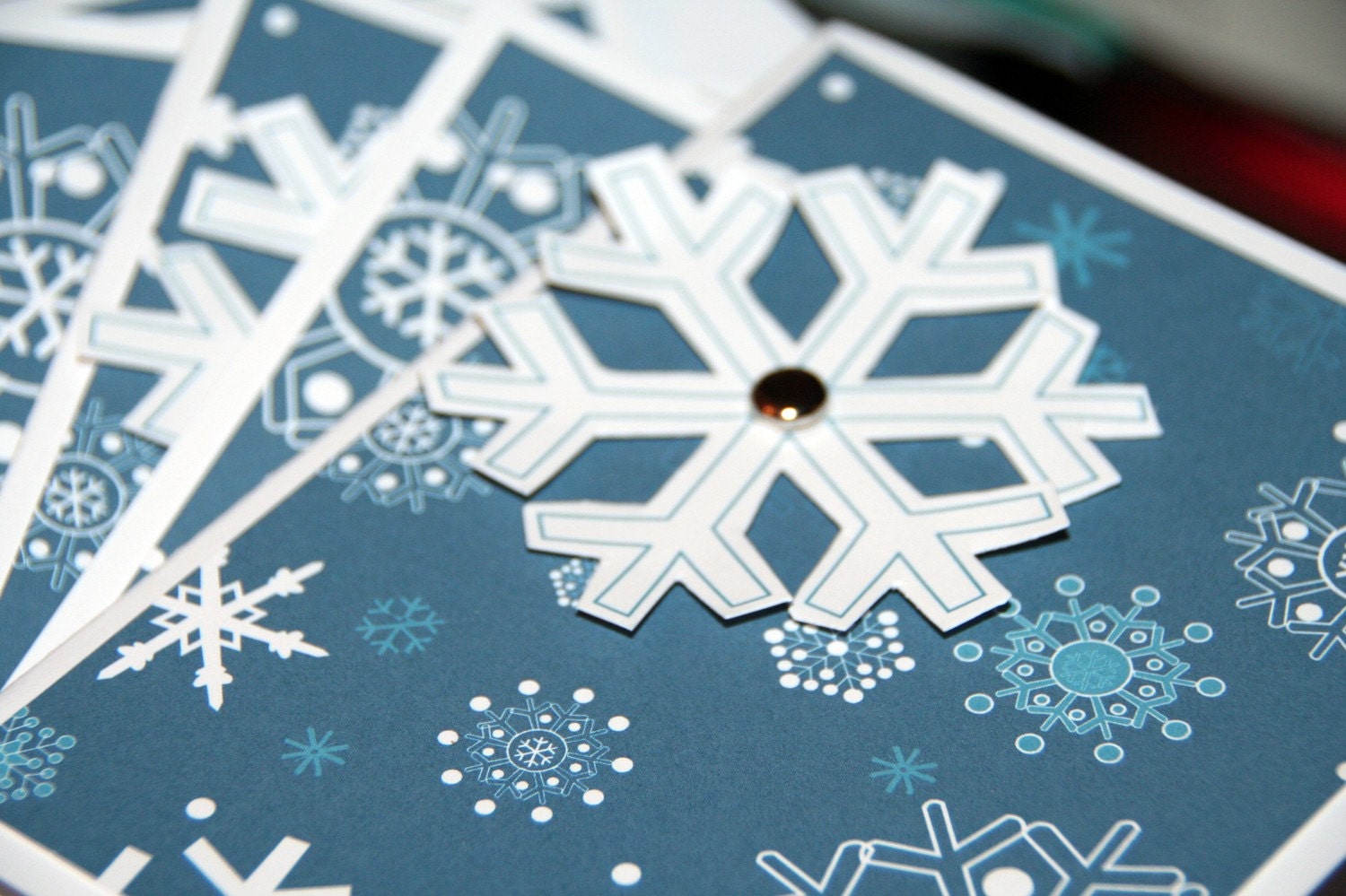 Elegant and Beautiful Gold and Ivory or Midnight Blue and White 3D Jeweled Snowflake Family Christmas Card Set