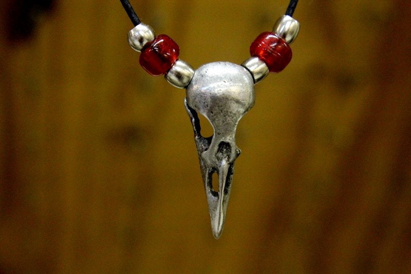 Bird Skull Old  Pitted  Metal Crow  Pendant - Moon Raven Designs