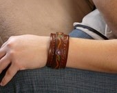Flowers tooled Leather cuff bracelet, recycled