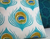 Turquoise Blue Peacock Feather linen pillow case
