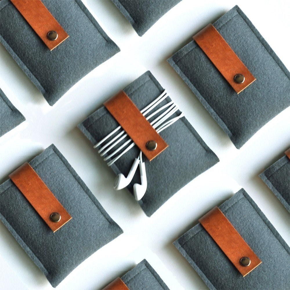 iPod  Case - Gunmetal Wool Felt with Brown Leather