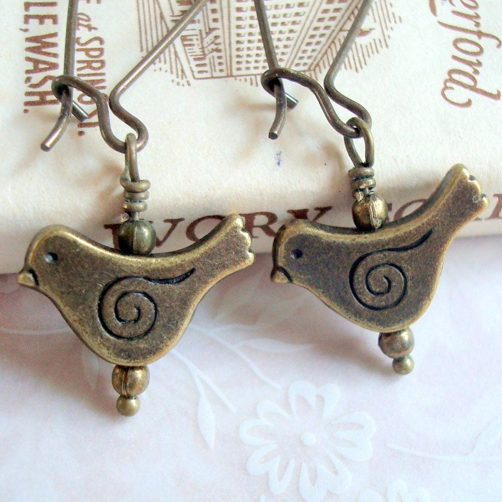 Sale Retro Feel Birds Vintage Inspired, Neo Victorian Antiqued Brass Earrings