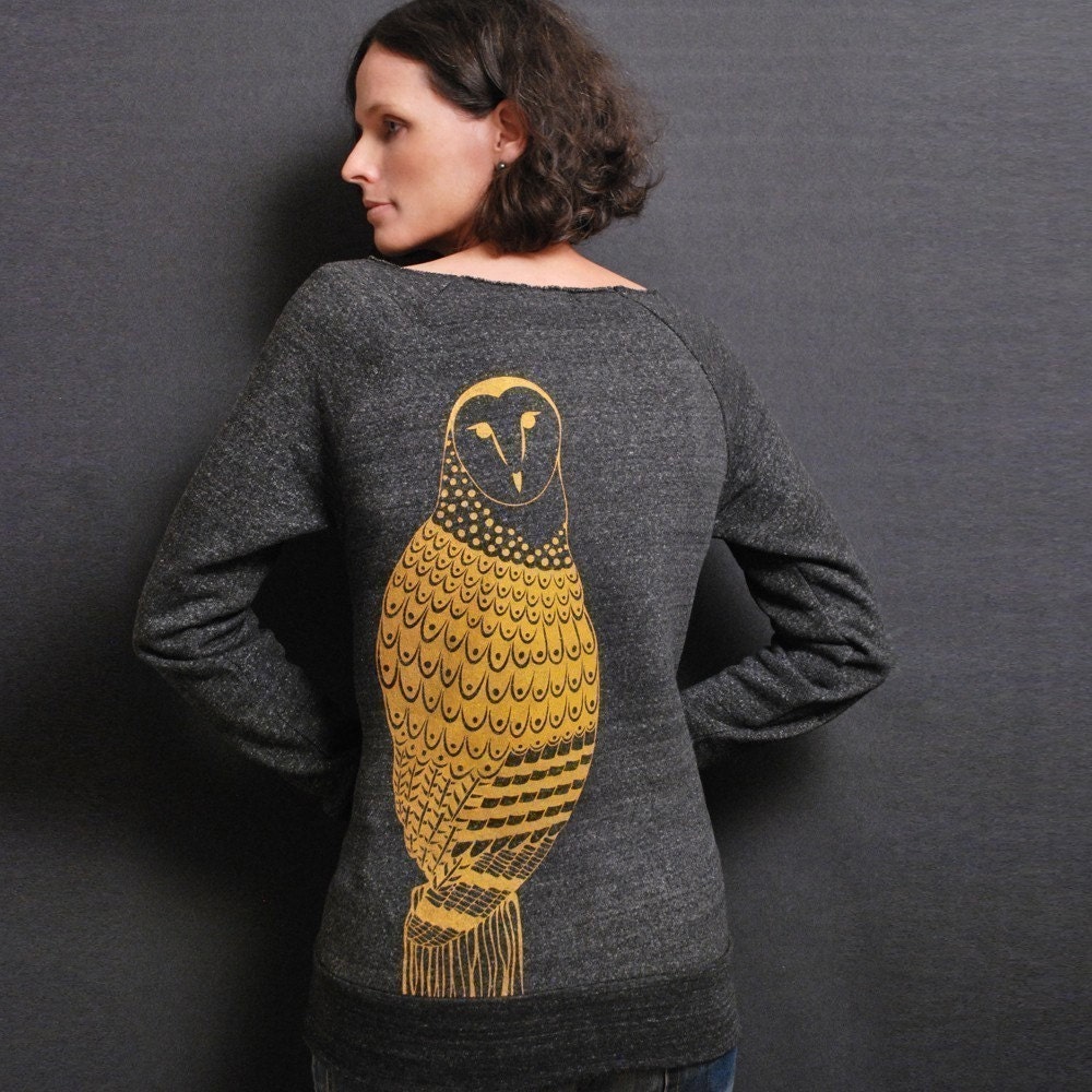 Black Fall Sweatshirt Eco Fleece Gold Owl Feather Screenprint Woodland