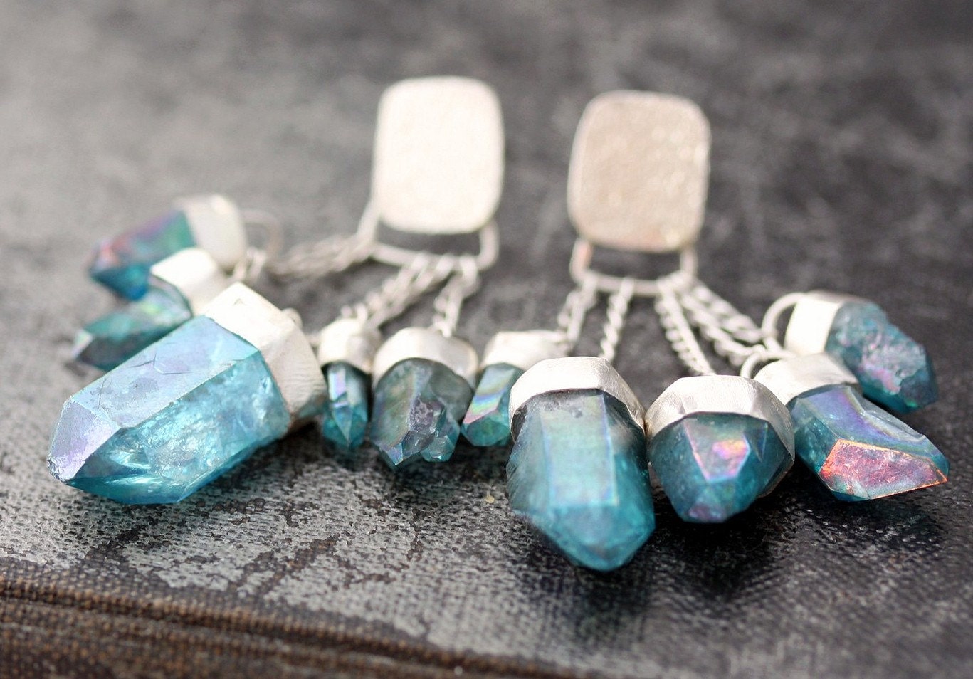 Aqua Aura Quartz Charm Earrings on Chains in Sterling Silver- Custom Made to Order