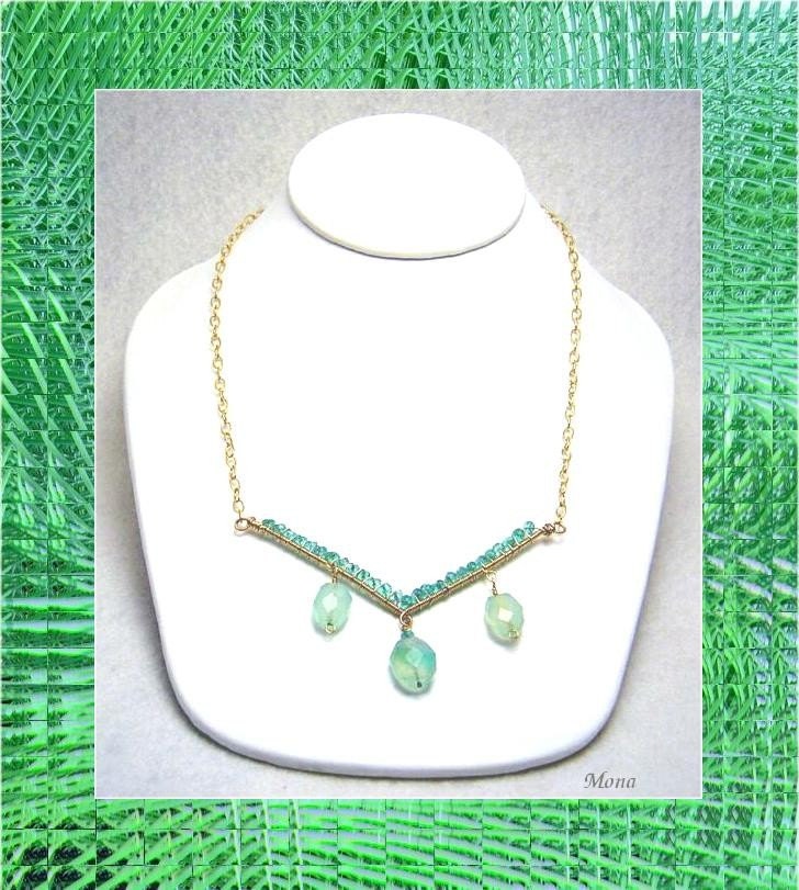 Pale Green Chalcedony and Electric Blue Apatite 14k Gold Filled Necklace