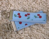 CLEARANCE SALE Blue with Blue & Red Cherries Print Keychain Key Fob - SugarKitty