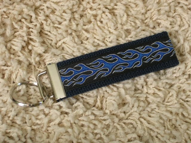 CLEARANCE SALE Blue with Blue & Silver Flames Keychain Key Fob - SugarKitty