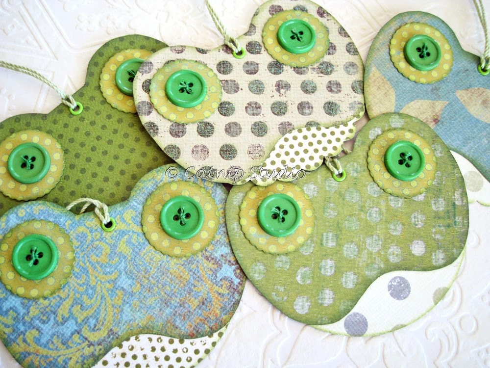 Frog Tags green blue yellow cream polka dot floral