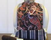 Drawstring Travel Bag, Knitters Project Pouch, Small Cosmetics Purse, Cotton Fabric, Black Red Orange Paisley Print, Stripes, CLEARANCE
