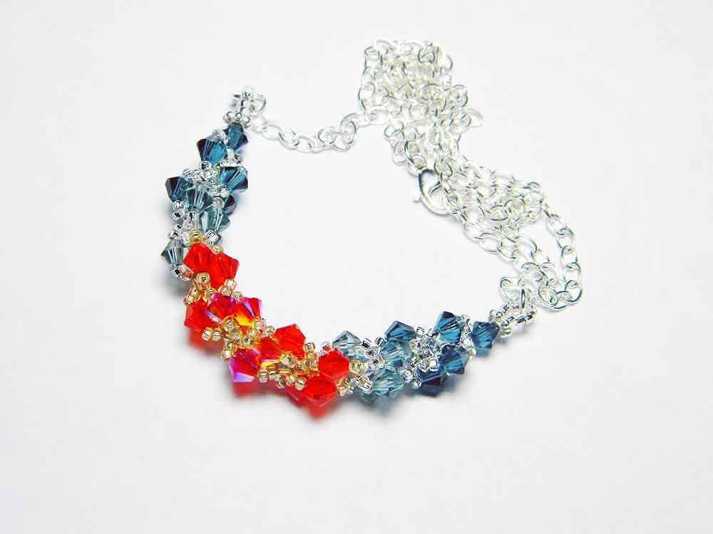 Fire Opal Swarovski Necklace Indian Sapphire Montana Blue Hyacinth Fire Opal 2X AB Beadweaving Sterling Silver - "Fire and Ice"