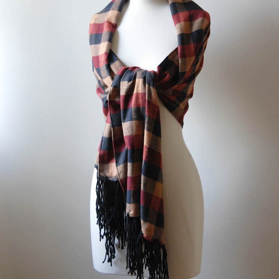 Red, black and tan plaid wrap