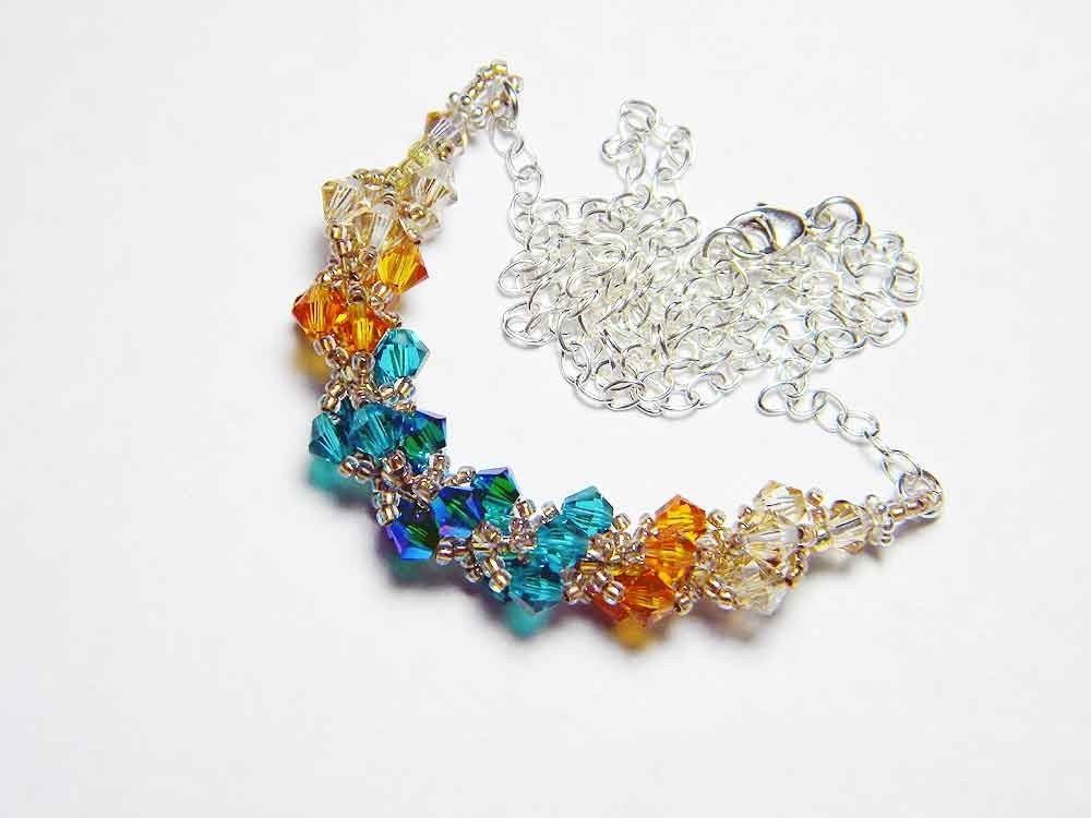 Peacock Swarovski Necklace Golden Shadow Emerald 2X AB Topaz Blue Zircon Beadweaving Sterling Silver - "Golden Peacock"