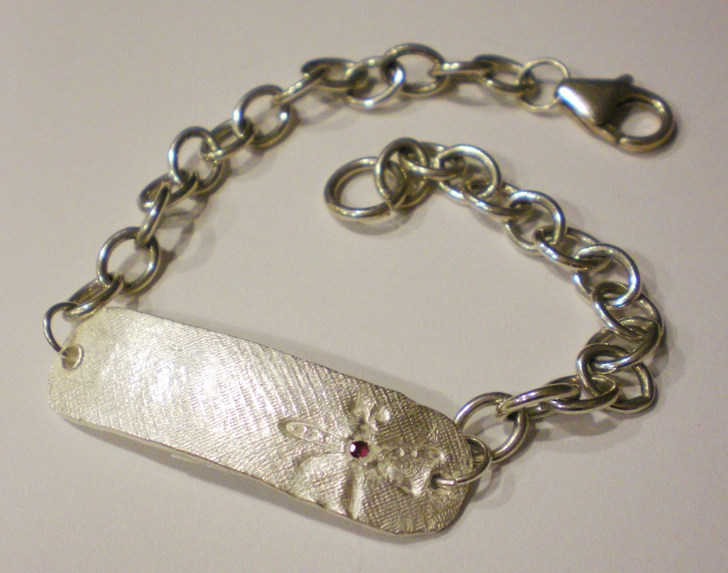 SALE (was 55.00) Dragonfly and Ruby Fine and sterling ID bracelet