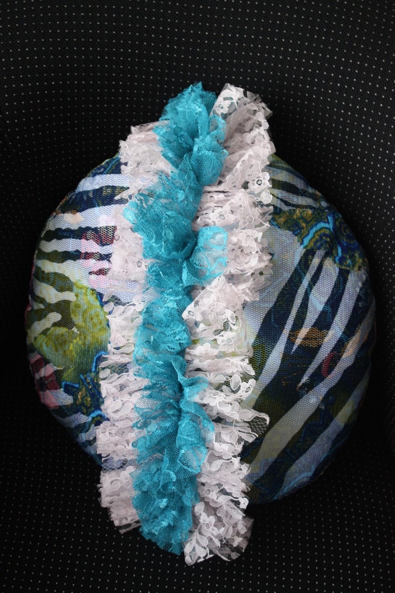 Round Lacy Aqua Overlay on Zebra Print Kitsch Cushion Pillow