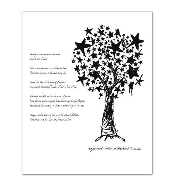5x7 Black and white Giclee Fine Art Sketch of Tree and Stars
