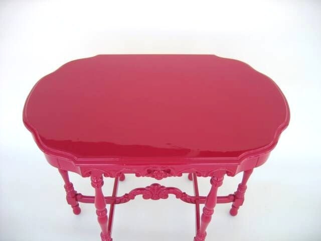 Raspberry High Lacquer Ornately Carved Oval Antique Table.