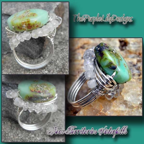 New Territories Waterfalls Ring, Sterling Silver, Moonstone, Rock Crystal Quartz, and Lampwork, ThePurpleLilyDesigns
