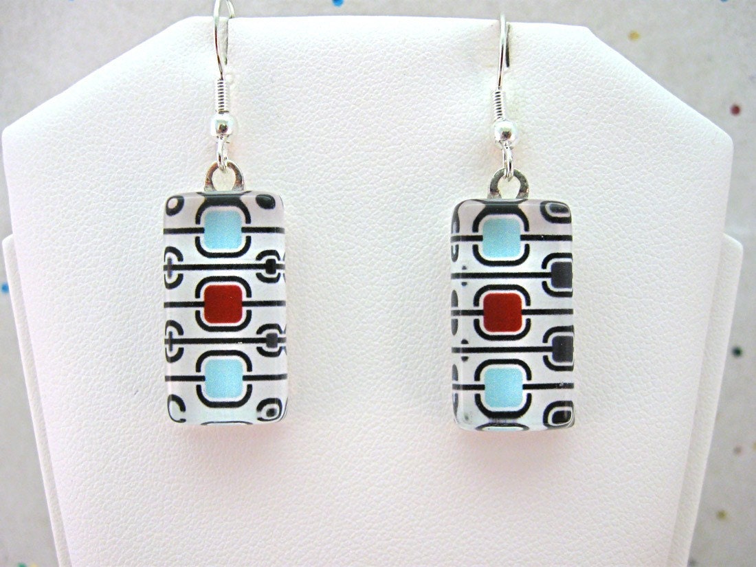 Red and Blue Squares Mod Design Handmade Glass Tile Earrings