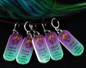 Keep Calm and Carry Yarn set of 5 multicolored mini stitch markers for KNIT or CROCHET