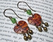 Earthtone Hearts - Antique Brass, Copper and Peridot Crystal Earrings