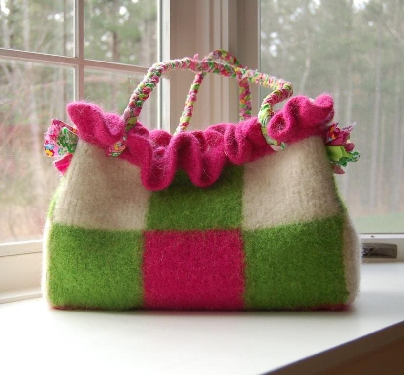 Ruffled felted wool tote purse custom made checkerboard