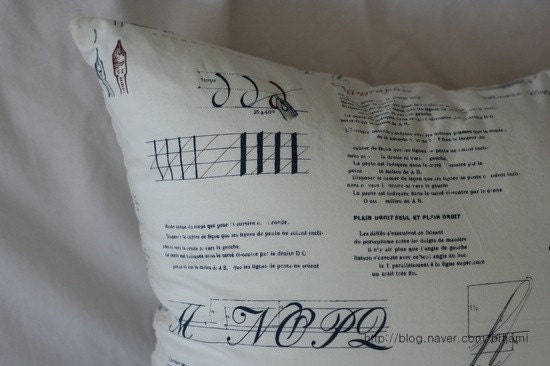 French Class Theme Illustrated Cotton PIllow Case(Cover, Slip) - Milky White with Ink Blue and Brown