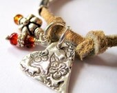 Leather Silver and Carnelian Bracelet, Floral Heart