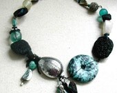 Turquoise,  Recycled Tea Strainer Necklace with Lava Rock    One of a Kind