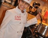 Child's Personalized Chef Coat and Matching Hat Set Embroidered Monogrammed LONG SLEEVE WHITE