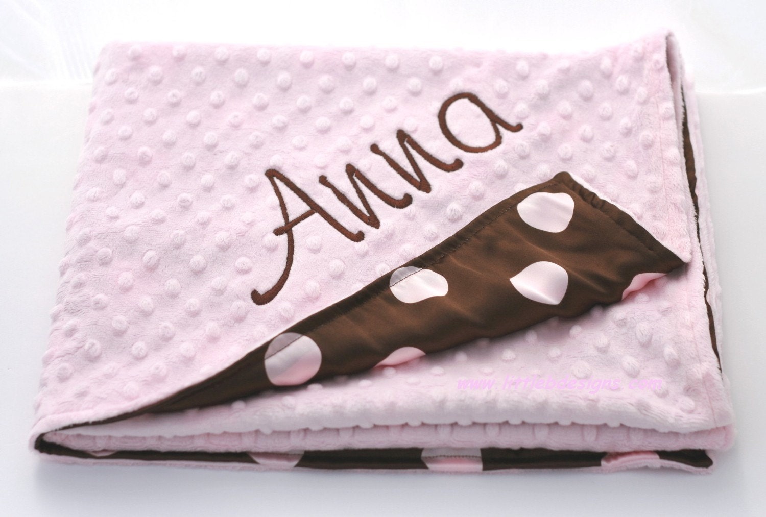 Personalized Minky Blanket - Pink and Brown Dot Satin and Light Pink Minky Dot