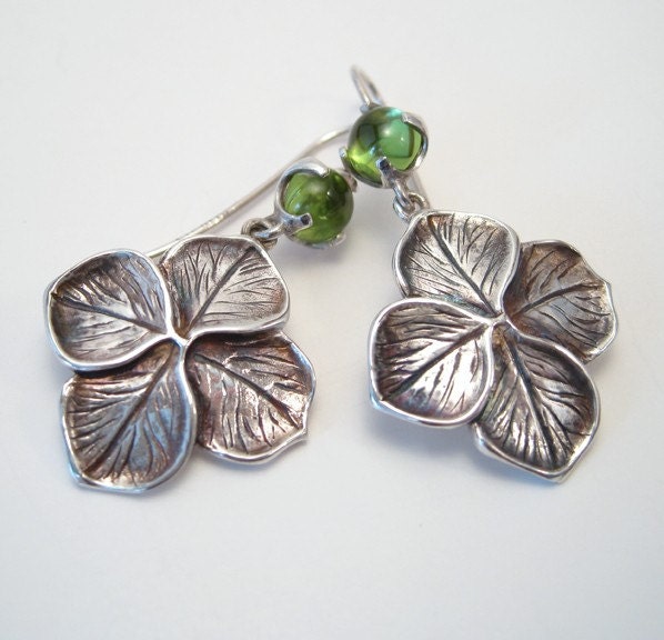 Peridot Oak Leaf Hydrangea Earrings Sterling Silver