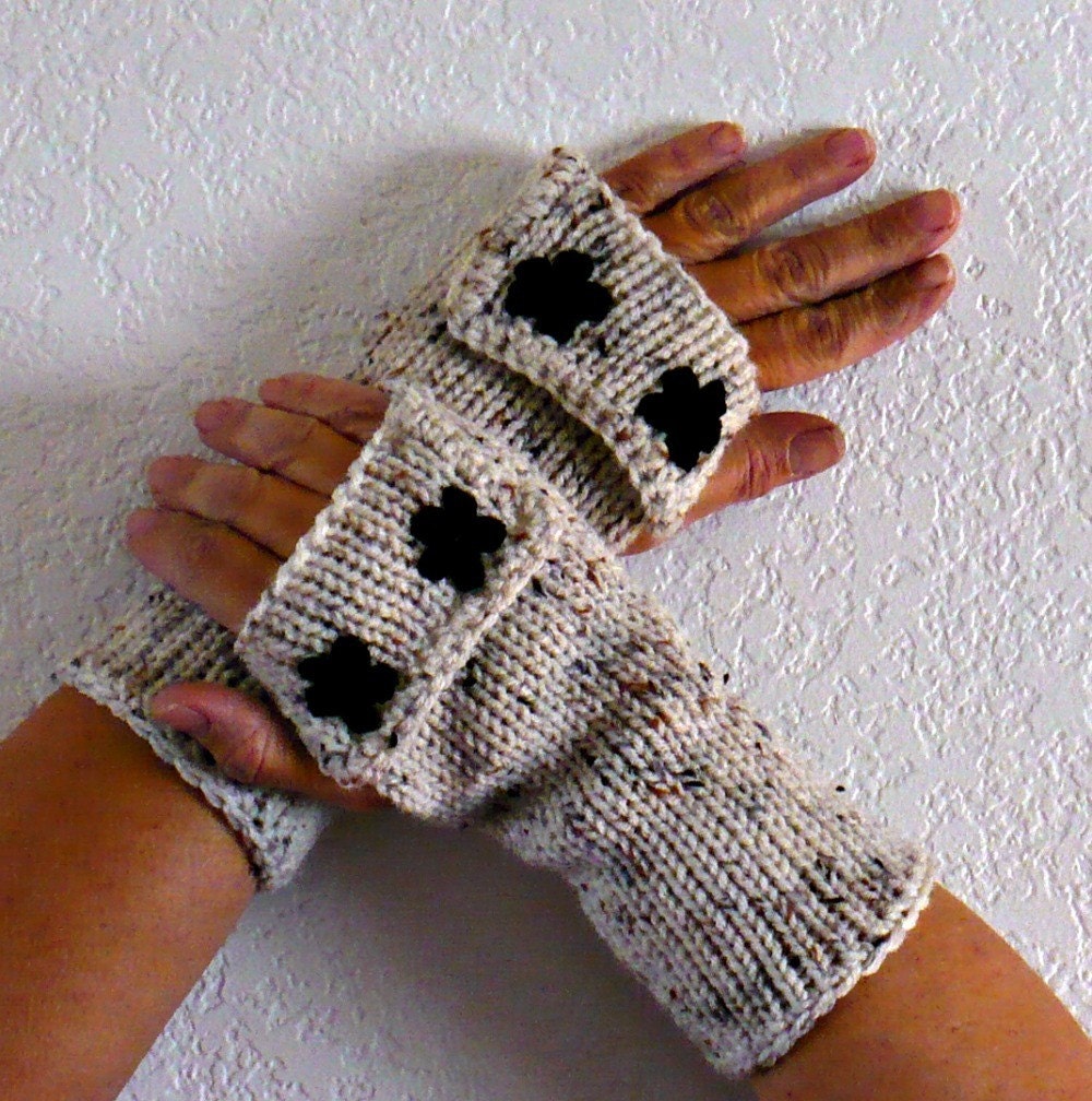 Knit Arm Warmers Fingerless Gloves Wrist Warmers Fingerless Mittens Hand Warmers Gauntlets Cream Fleck Black Mini Motif Flowers